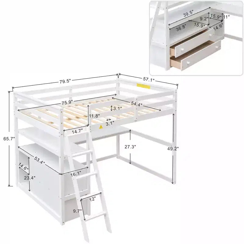 Full Size Loft Bed with Desk, Shelf and Two Built-in Drawers - ModernLuxe