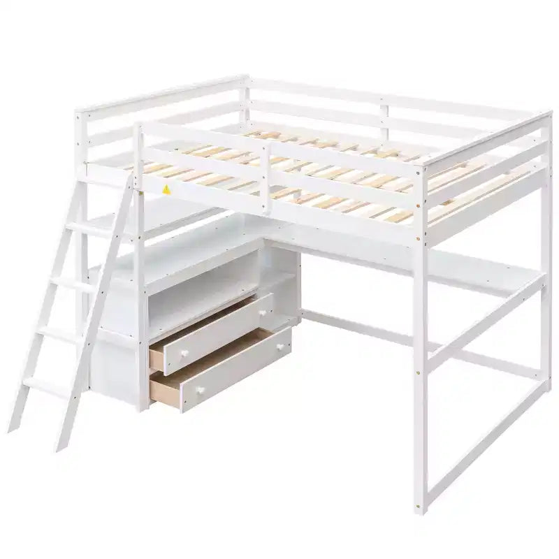 Full Size Loft Bed with Desk, Shelf and Two Built-in Drawers - ModernLuxe