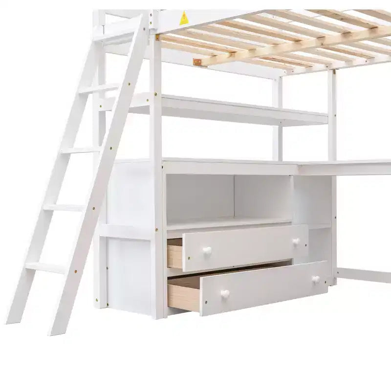 Full Size Loft Bed with Desk, Shelf and Two Built-in Drawers - ModernLuxe