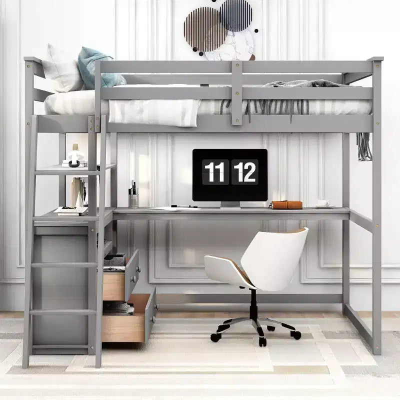 Full Size Loft Bed with Desk, Shelf and Two Built-in Drawers - ModernLuxe