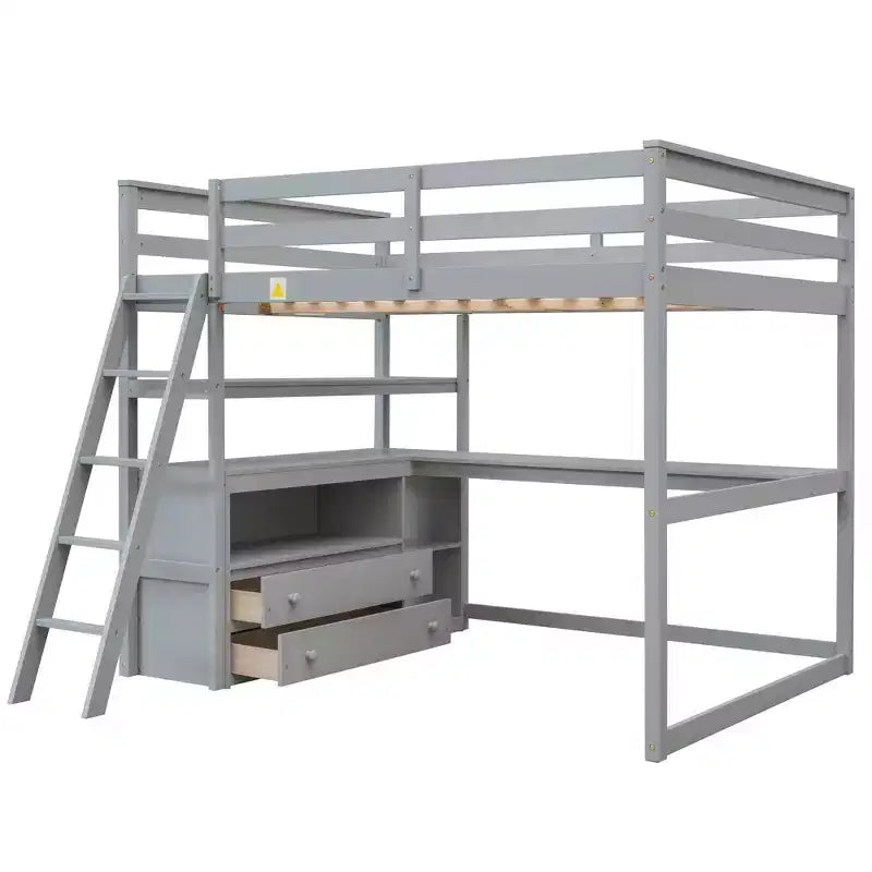 Full Size Loft Bed with Desk, Shelf and Two Built-in Drawers - ModernLuxe