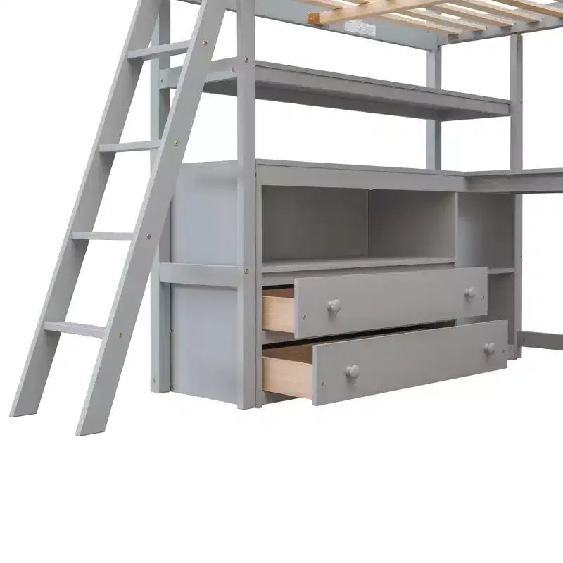 Full Size Loft Bed with Desk, Shelf and Two Built-in Drawers - ModernLuxe