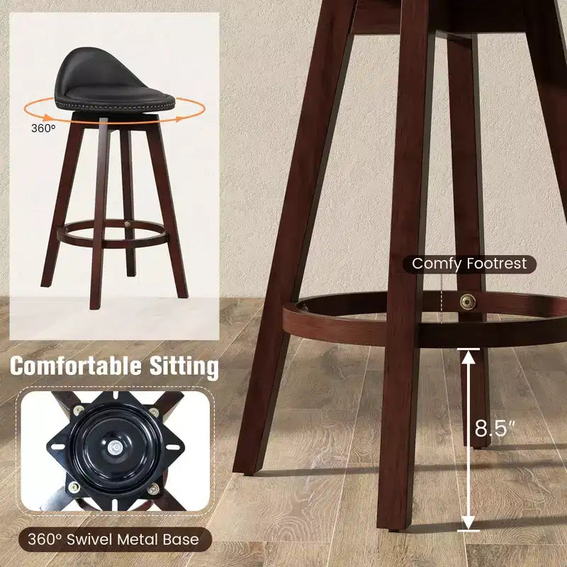 Costway Set of 2 Upholstered Swivel Barstools 29'' Wooden Dining Chairs with Low Back Black