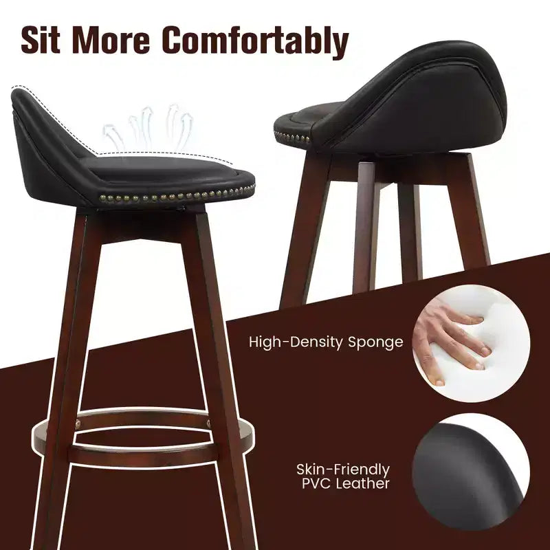 Costway Set of 2 Upholstered Swivel Barstools 29'' Wooden Dining Chairs with Low Back Black