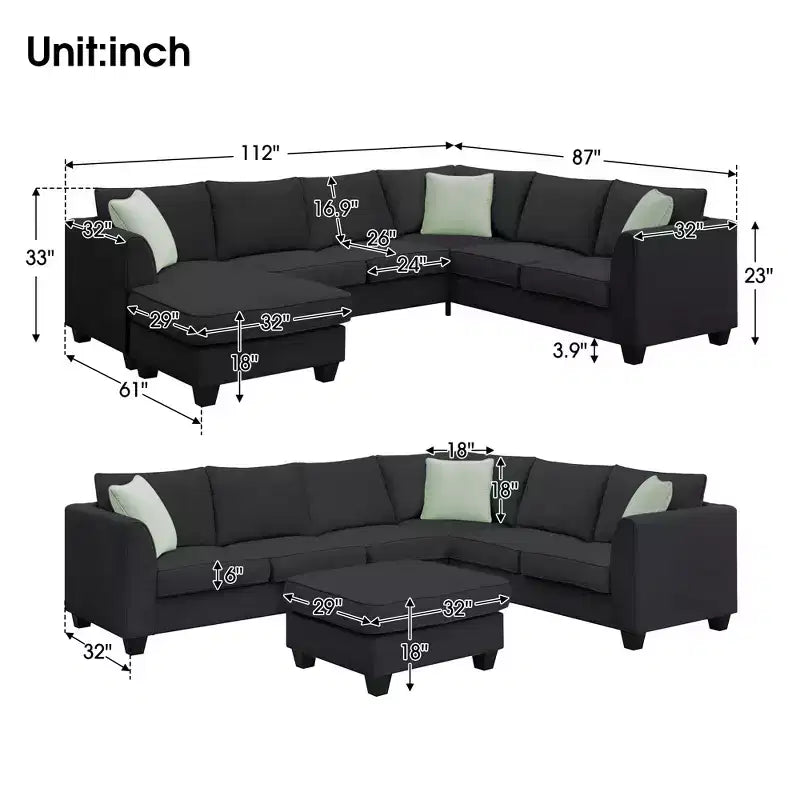Modular Sectional Sofa 7 Seats with Ottoman L Shape Fabric Sofa Corner Couch Set with 3 Pillows-ModernLuxe