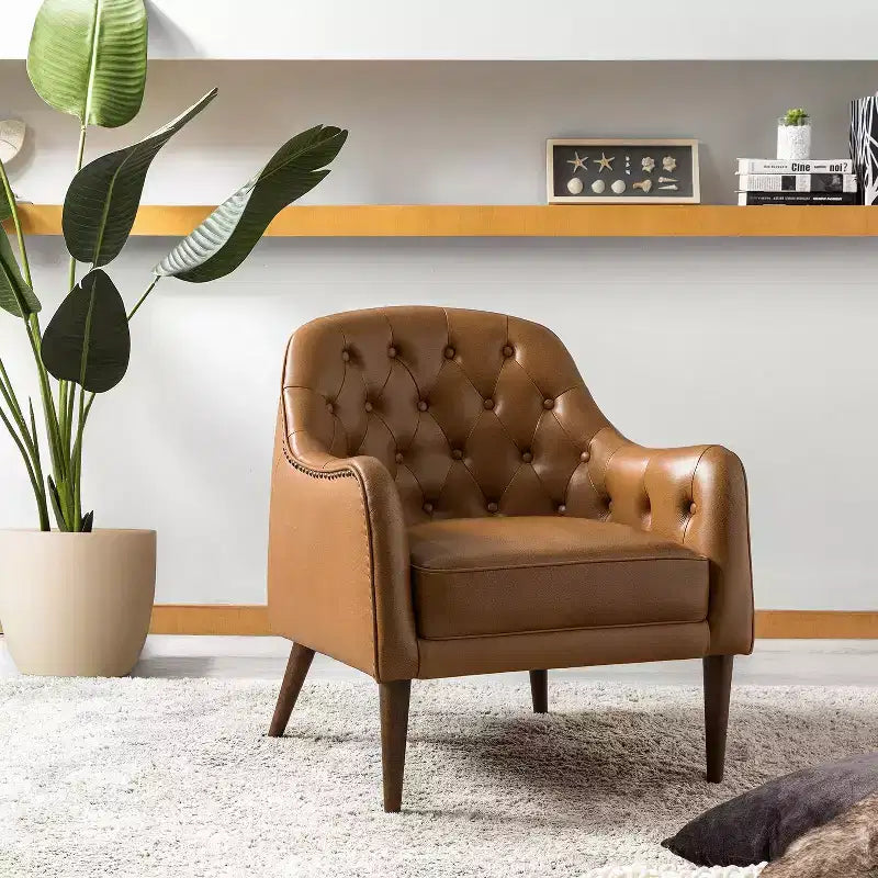 Set of 2 Justo 28.5 Wide Tufted Genuine Leather Wood Legs Accent Barrel Chair for Living Room with solid wood legs| ART OF LIVING DESIGNS