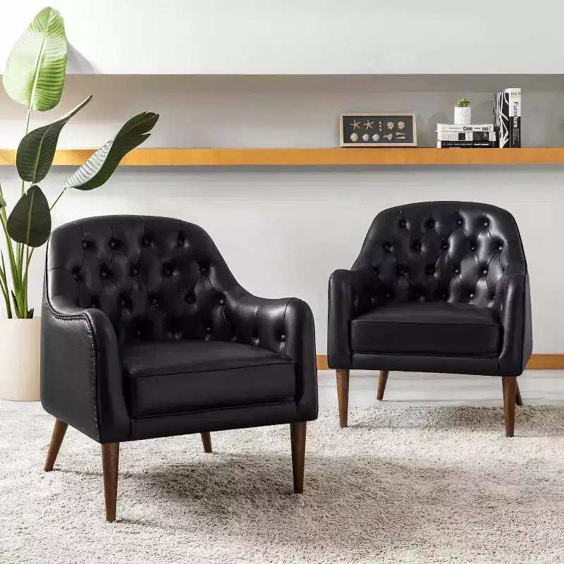 Set of 2 Justo 28.5 Wide Tufted Genuine Leather Wood Legs Accent Barrel Chair for Living Room with solid wood legs| ART OF LIVING DESIGNS