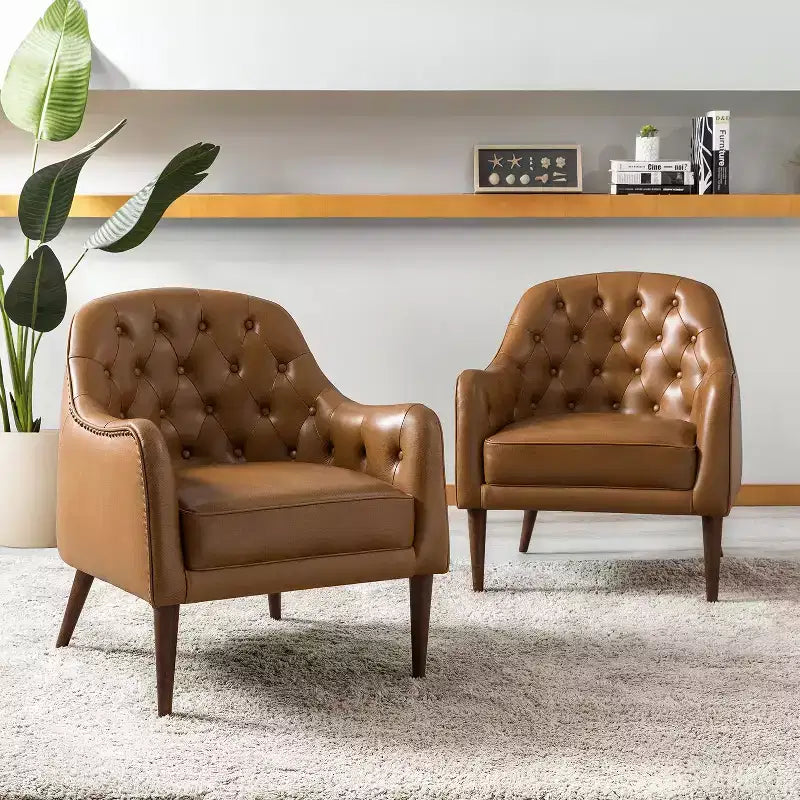 Set of 2 Justo 28.5 Wide Tufted Genuine Leather Wood Legs Accent Barrel Chair for Living Room with solid wood legs| ART OF LIVING DESIGNS