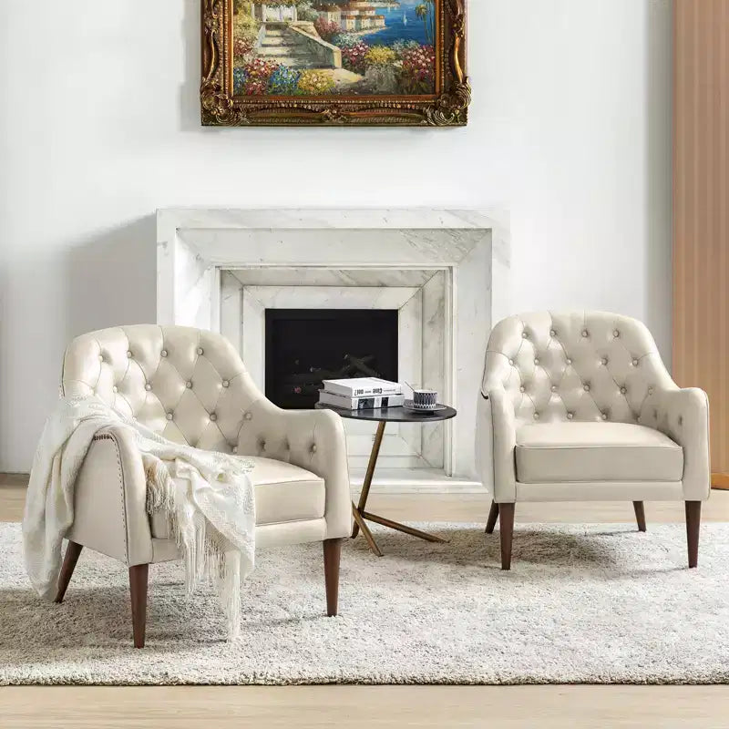 Set of 2 Justo 28.5 Wide Tufted Genuine Leather Wood Legs Accent Barrel Chair for Living Room with solid wood legs| ART OF LIVING DESIGNS