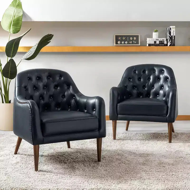 Set of 2 Justo 28.5 Wide Tufted Genuine Leather Wood Legs Accent Barrel Chair for Living Room with solid wood legs| ART OF LIVING DESIGNS