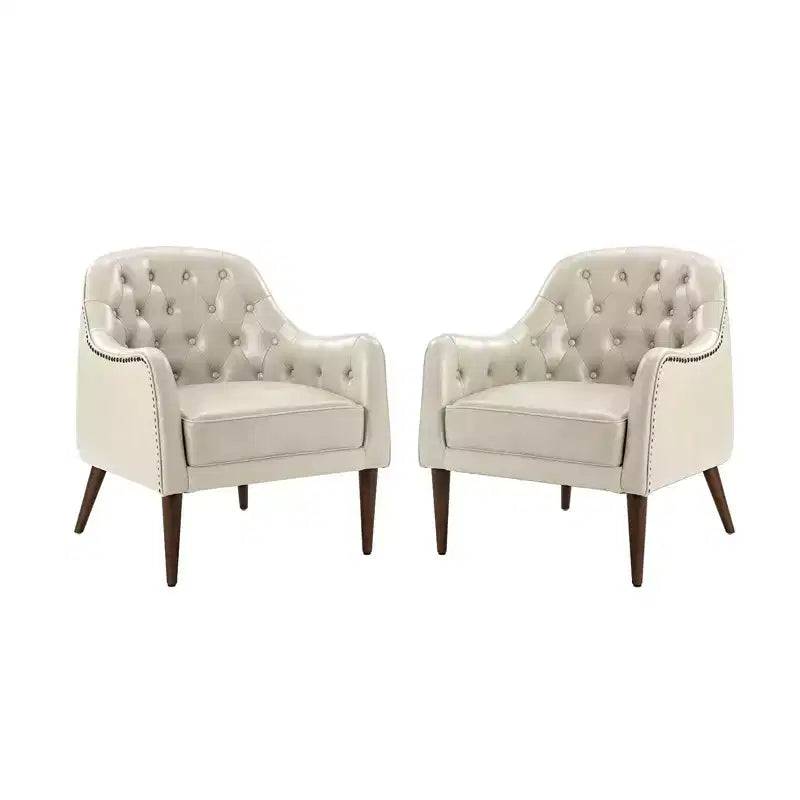 Set of 2 Justo 28.5 Wide Tufted Genuine Leather Wood Legs Accent Barrel Chair for Living Room with solid wood legs| ART OF LIVING DESIGNS