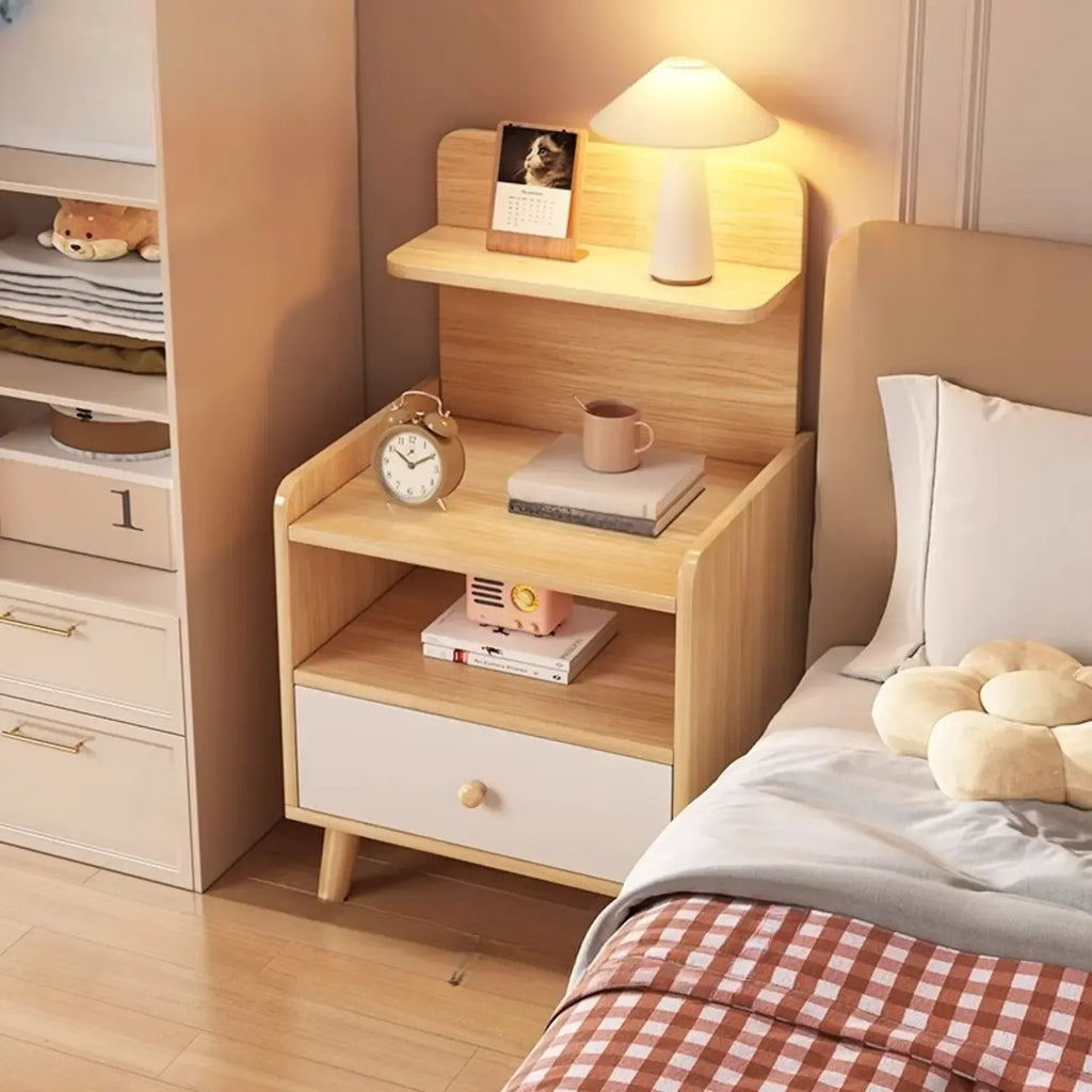 Table de chevet moderne en bois à rangement ouvert avec tiroirs