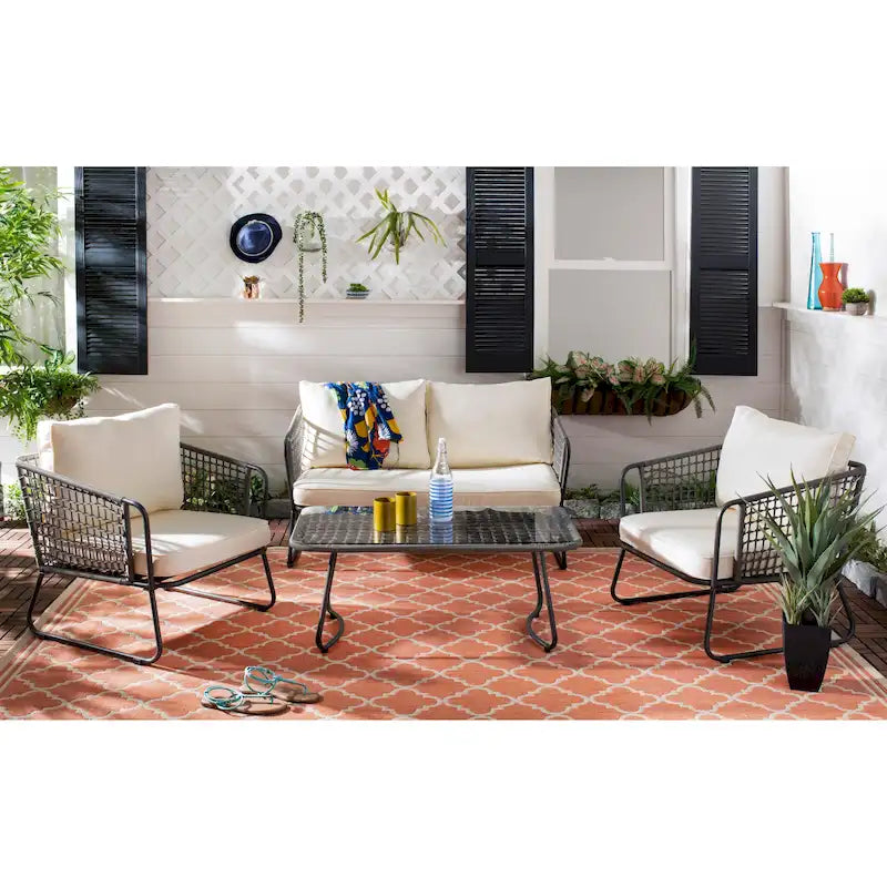 SAFAVIEH Salon d'extérieur 4 pièces Yuridia - Marron/Blanc - 50L x 27P x 28H
