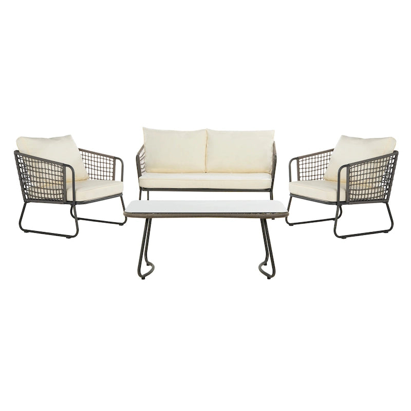 SAFAVIEH Salon d'extérieur 4 pièces Yuridia - Marron/Blanc - 50L x 27P x 28H