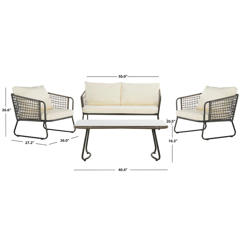 SAFAVIEH Salon d'extérieur 4 pièces Yuridia - Marron/Blanc - 50L x 27P x 28H