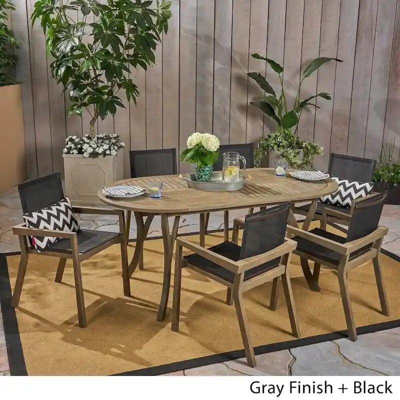 Ensemble de salle à manger d'extérieur 6 places Arletta en bois d'acacia avec sièges en maille par Christopher Knight Home