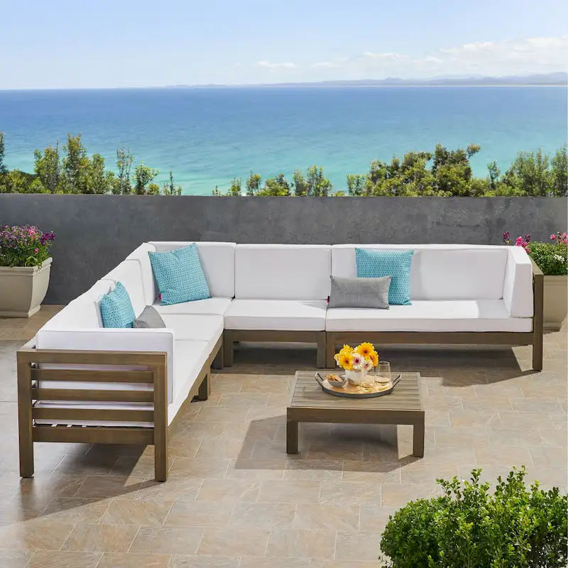 Canapé d'angle d'extérieur 7 places en bois d'acacia Oana par Christopher Knight Home
