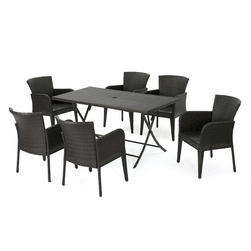 Ensemble de salle à manger extérieur rectangulaire pliable 7 pièces en osier Kylon avec trou pour parasol par Christopher Knight Home