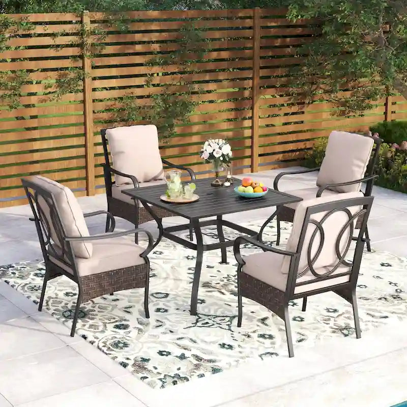 MAISON ARTS Oversized 5-Piece Metal Patio Dining Set with 4 Padded Chairs and Square Table - Black