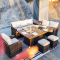Ensemble de conversation de 7 pièces pour patio en aluminium avec foyer au gaz et seau à glace, table à manger rectangulaire