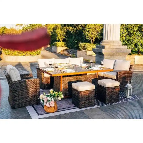 Ensemble de conversation de 7 pièces pour patio en aluminium avec foyer au gaz et seau à glace, table à manger rectangulaire