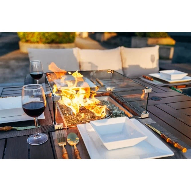 Ensemble de conversation de 7 pièces pour patio en aluminium avec foyer au gaz et seau à glace, table à manger rectangulaire