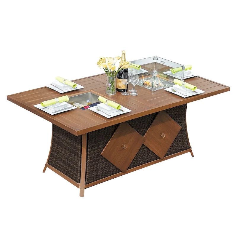 Ensemble de conversation de 7 pièces pour patio en aluminium avec foyer au gaz et seau à glace, table à manger rectangulaire