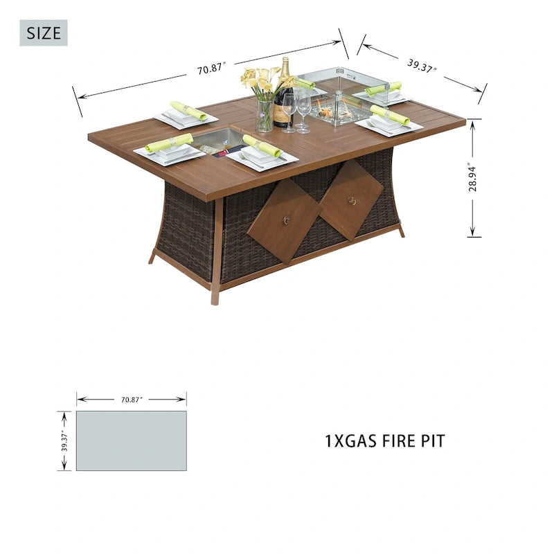 Ensemble de conversation de 7 pièces pour patio en aluminium avec foyer au gaz et seau à glace, table à manger rectangulaire