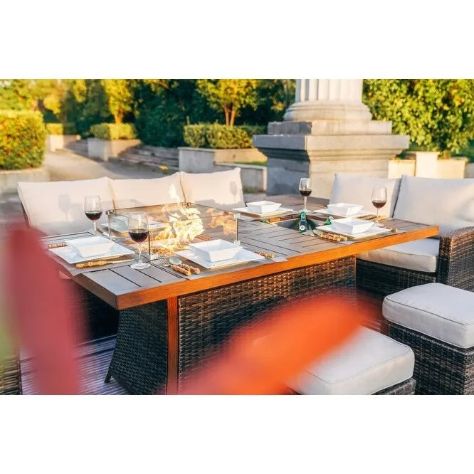 Ensemble de conversation de 7 pièces pour patio en aluminium avec foyer au gaz et seau à glace, table à manger rectangulaire