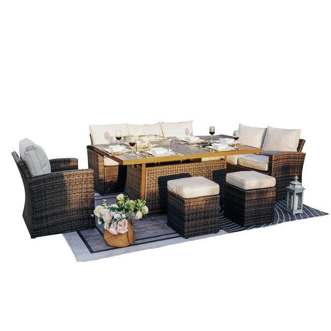 Ensemble de conversation de 7 pièces pour patio en aluminium avec foyer au gaz et seau à glace, table à manger rectangulaire