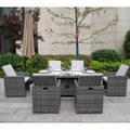 Table de salle à manger rectangulaire en osier pour l'extérieur de 7 pièces avec brasero et chaises