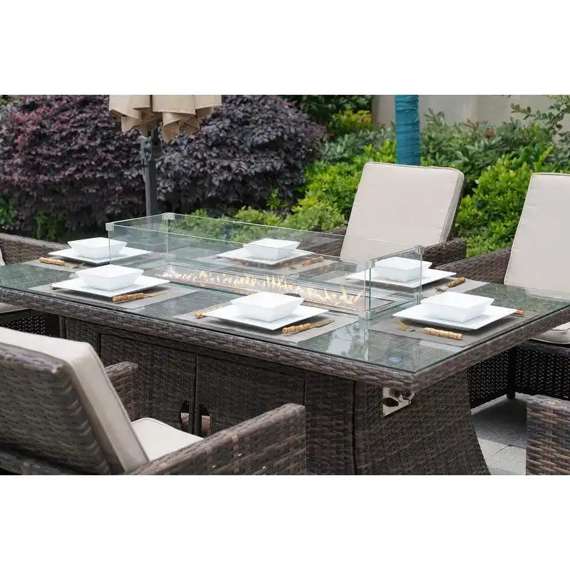 Table de salle à manger rectangulaire en osier pour l'extérieur de 7 pièces avec brasero et chaises