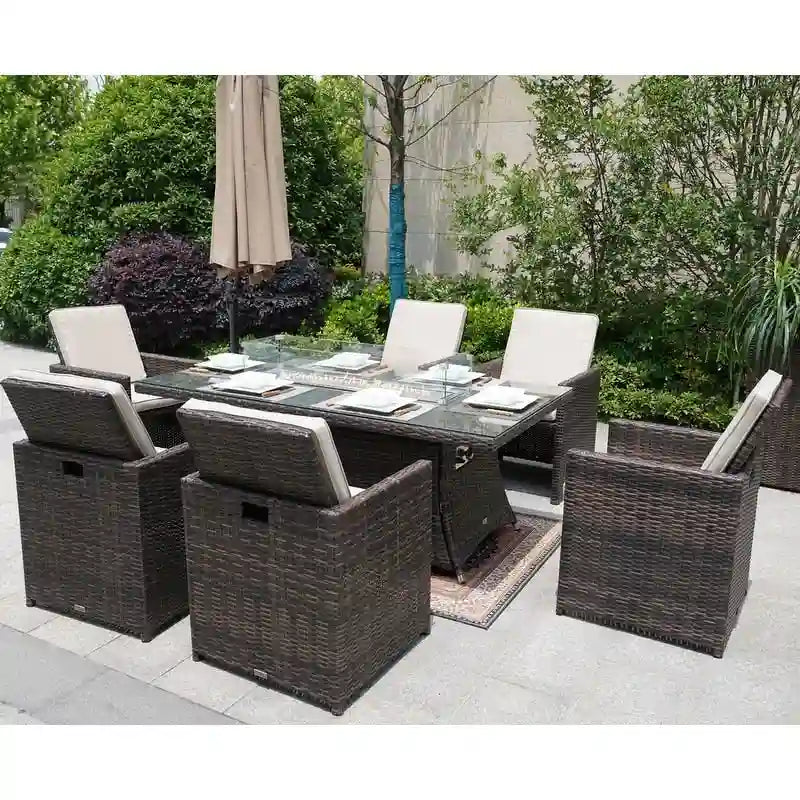 Table de salle à manger rectangulaire en osier pour l'extérieur de 7 pièces avec brasero et chaises