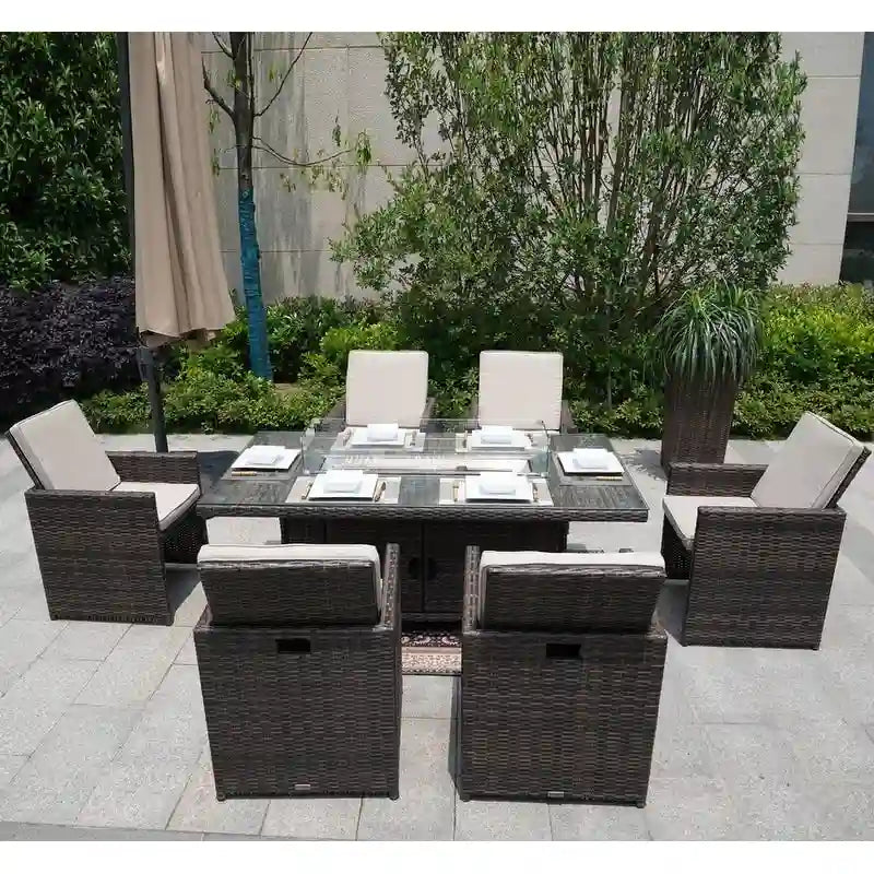 Table de salle à manger rectangulaire en osier pour l'extérieur de 7 pièces avec brasero et chaises