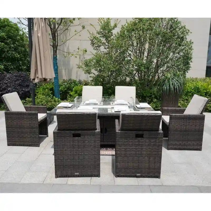 Table de salle à manger rectangulaire en osier pour l'extérieur de 7 pièces avec brasero et chaises