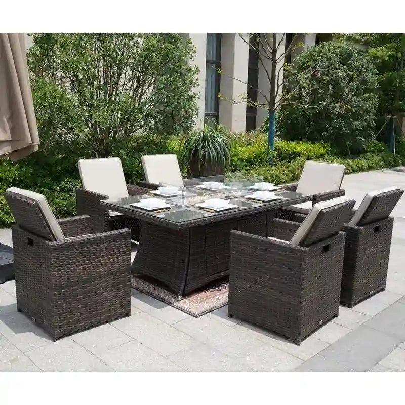 Table de salle à manger rectangulaire en osier pour l'extérieur de 7 pièces avec brasero et chaises