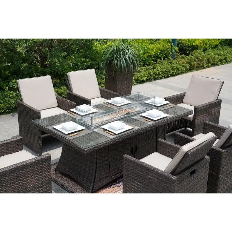Table de salle à manger rectangulaire en osier pour l'extérieur de 7 pièces avec brasero et chaises