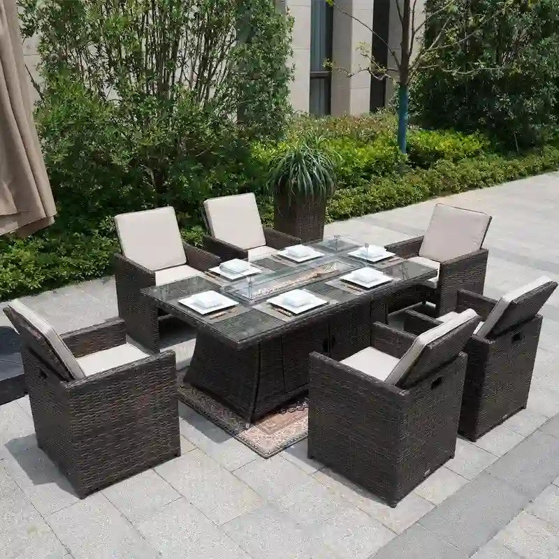 Table de salle à manger rectangulaire en osier pour l'extérieur de 7 pièces avec brasero et chaises