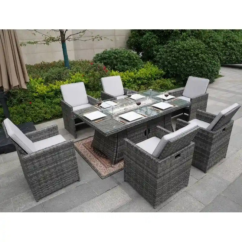 Table de salle à manger rectangulaire en osier pour l'extérieur de 7 pièces avec brasero et chaises