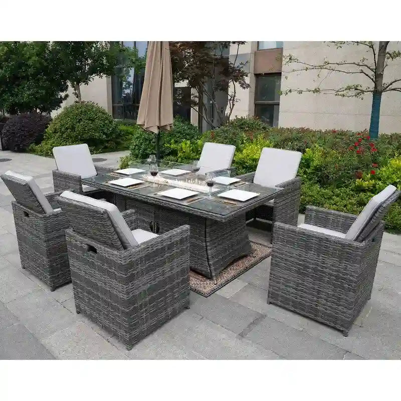 Table de salle à manger rectangulaire en osier pour l'extérieur de 7 pièces avec brasero et chaises