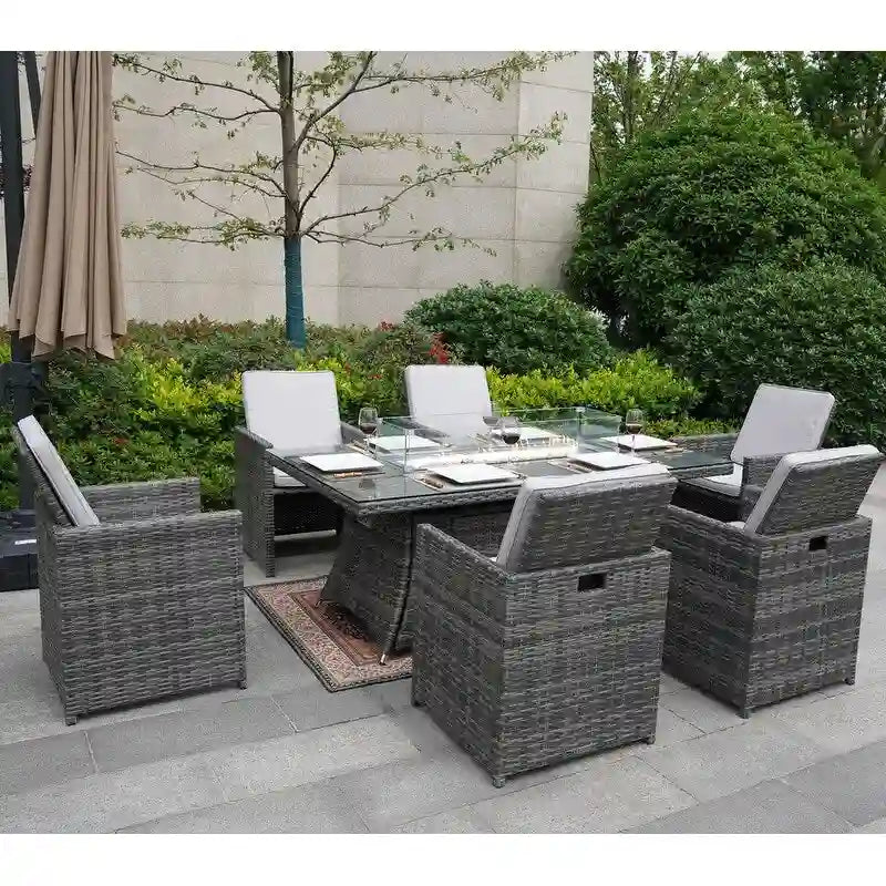 Table de salle à manger rectangulaire en osier pour l'extérieur de 7 pièces avec brasero et chaises