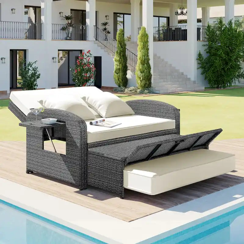 Double chaise longue en osier d'extérieur avec coussin gris