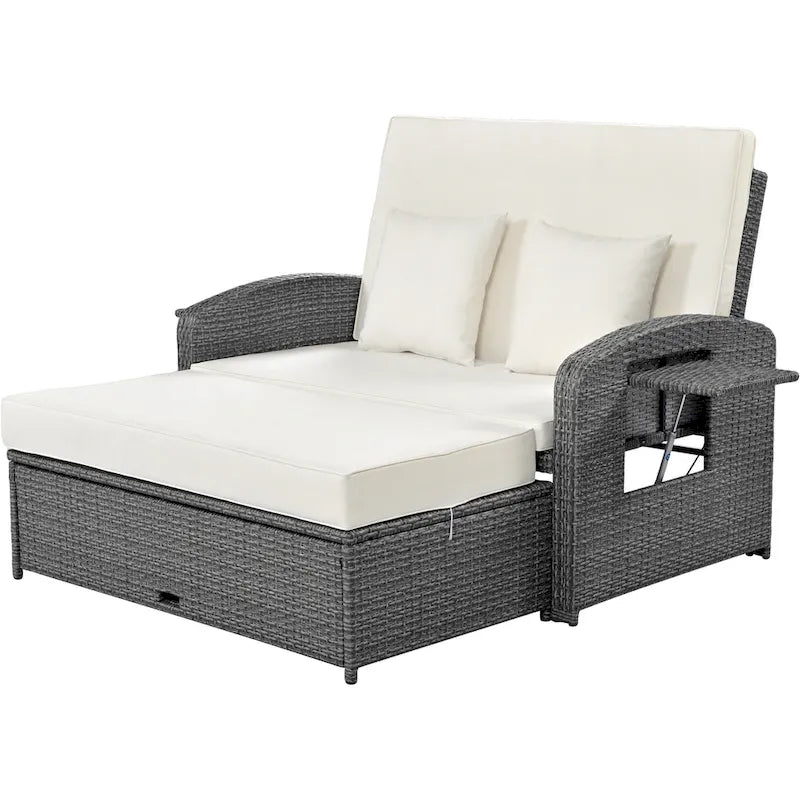 Double chaise longue en osier d'extérieur avec coussin gris