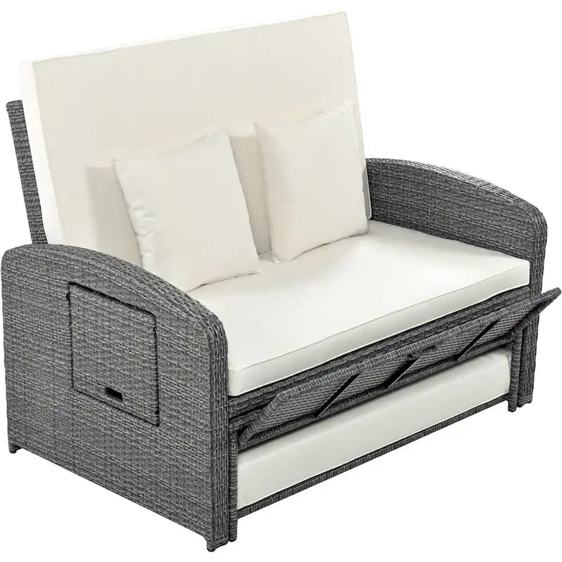 Double chaise longue en osier d'extérieur avec coussin gris