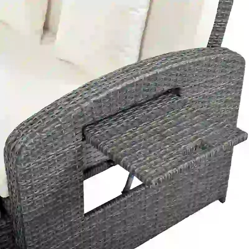 Double chaise longue en osier d'extérieur avec coussin gris