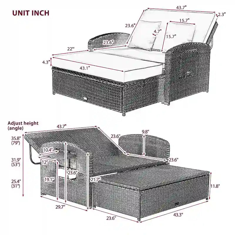 Double chaise longue en osier d'extérieur avec coussin gris