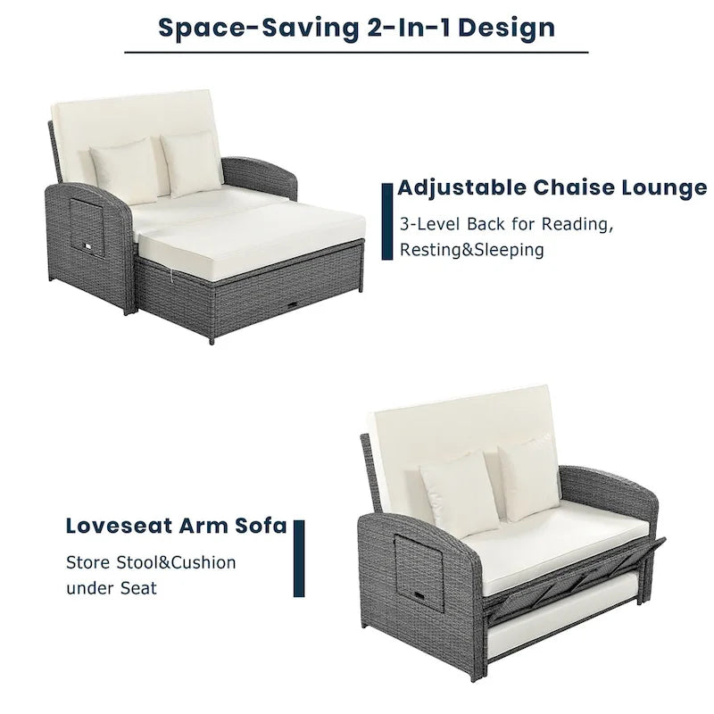 Double chaise longue en osier d'extérieur avec coussin gris