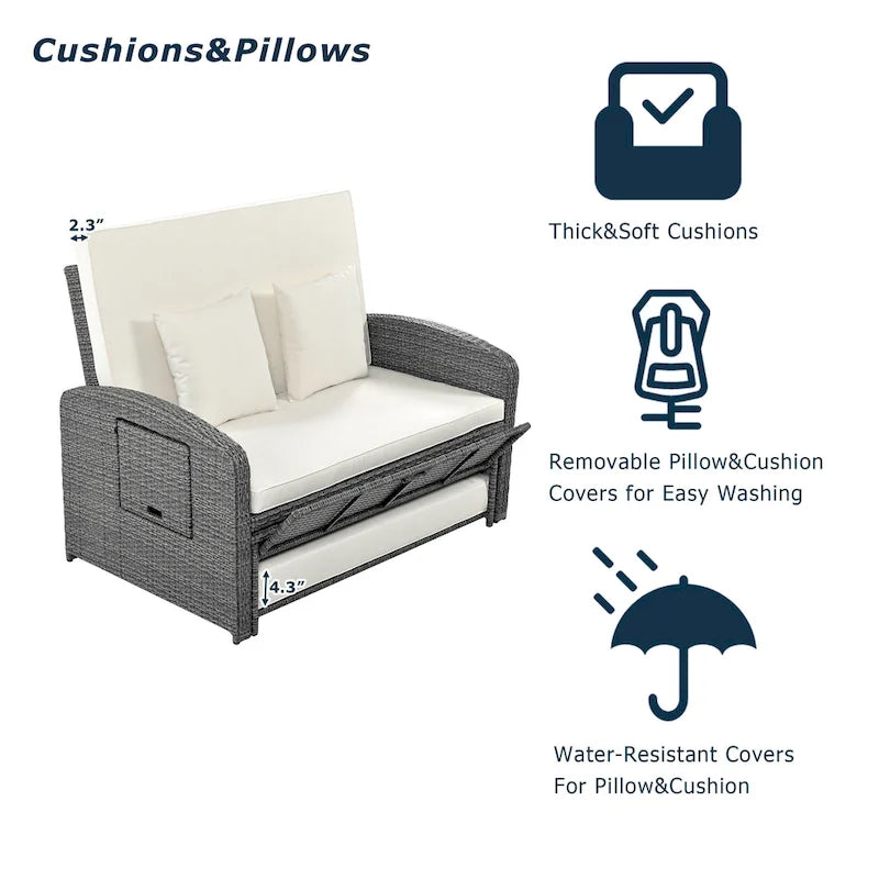 Double chaise longue en osier d'extérieur avec coussin gris