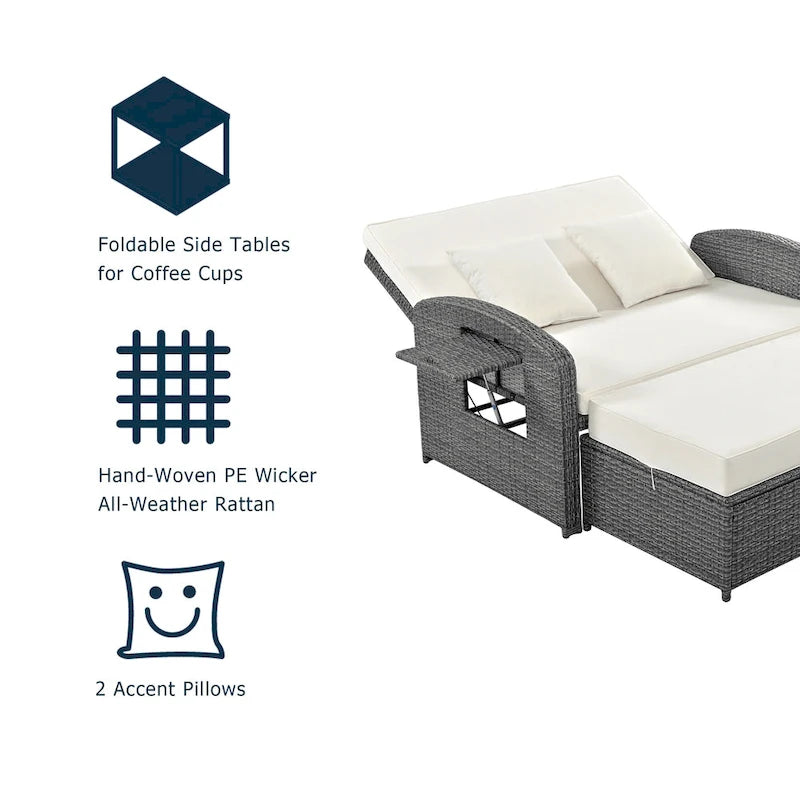 Double chaise longue en osier d'extérieur avec coussin gris