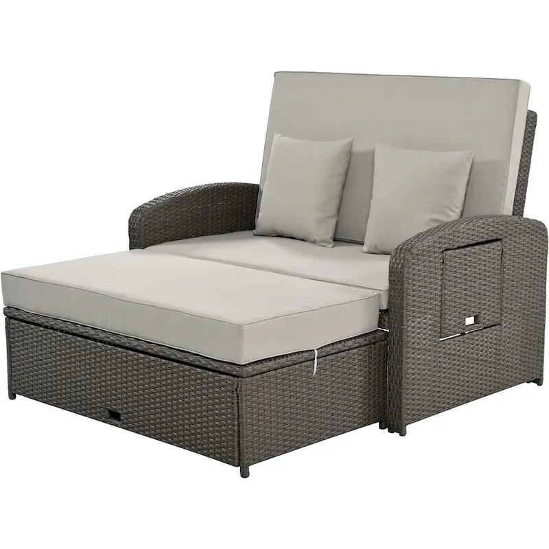 Double chaise longue en osier d'extérieur avec coussin gris
